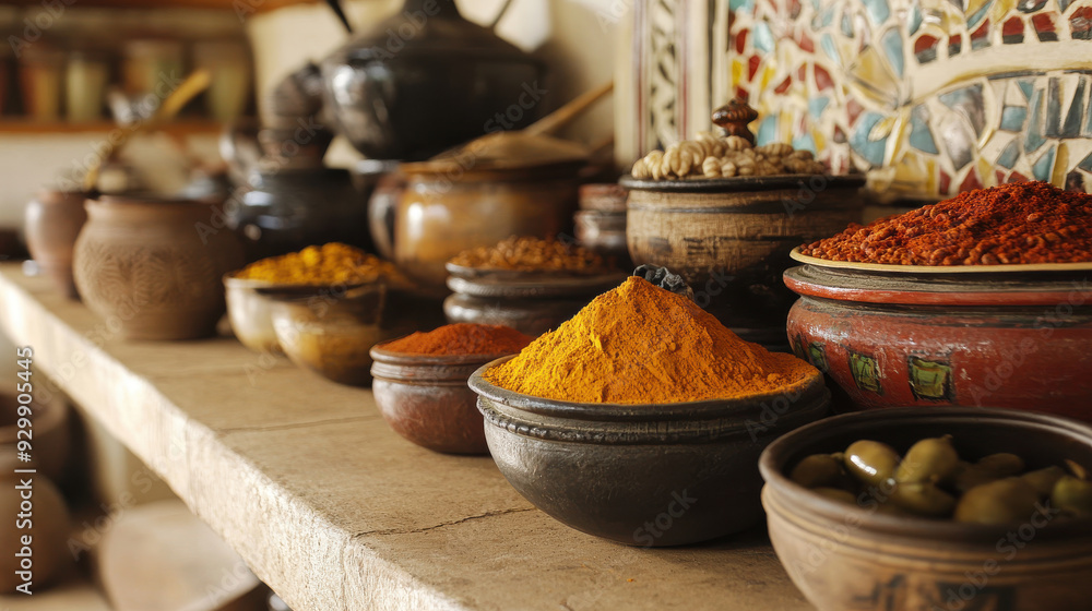 Nigerian kitchen with vibrant spices and traditional cooking pots Nigerian kitchen with vibrant spices and traditional cooking pots