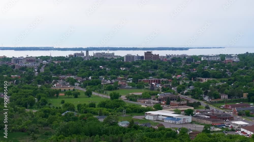 Aerial views looking towards downtown Kingston Ontario and St. Lawrence River in summer Aerial views looking towards downtown Kingston Ontario and St. Lawrence River in summer