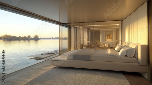 Modern bedroom with a waterfront view featuring a large bed with white linens and pillows, a wooden floor, and a large window overlooking the water.