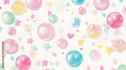 A playful pattern of colorful bubbles and stars in soft pastel tones.