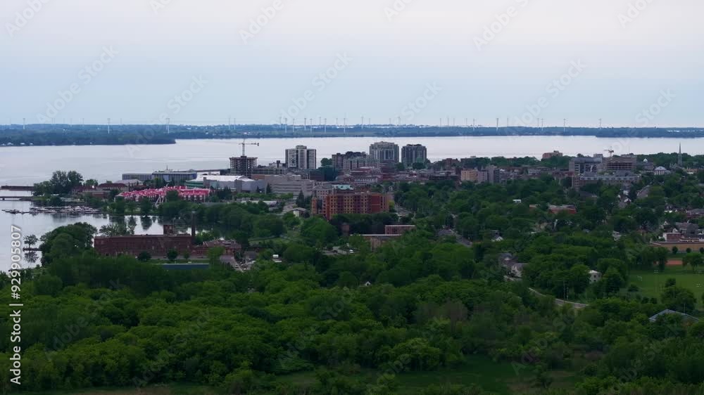 Aerial view of Kingston Ontario downtown waterfront Wolfe Island Wind Farm turbines St. Lawrence River in summer Aerial view of Kingston Ontario downtown waterfront Wolfe Island Wind Farm turbines St. Lawrence River in summer