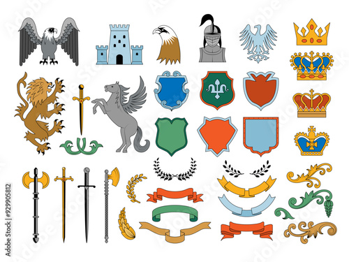 Heraldic. Badges set with traditional luxury elements dragon lions ribbons shields and weapons recent vector business identity set