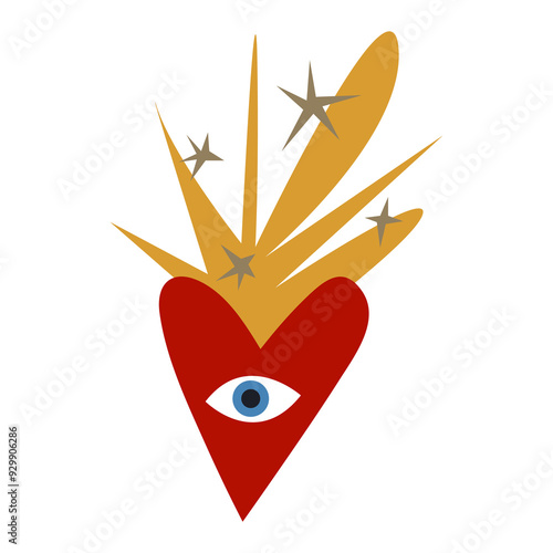 Magical boho sacred heart with Nazar blue eye, love peace Valentine freedom symbol concept, hand-drawn editable saint amulet isolated on white background, vector clipart illustration.