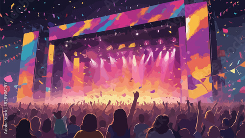 illustration of a music festival with a large, colorful crowd dancing in front of a big stage 