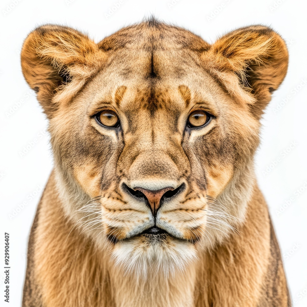 Obraz premium A close-up of a lioness with a scared face isolated on a transparent background
