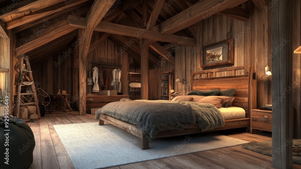 Rustic wooden bedroom with a large bed, a rug, and wooden beams. Rustic wooden bedroom with a large bed, a rug, and wooden beams.