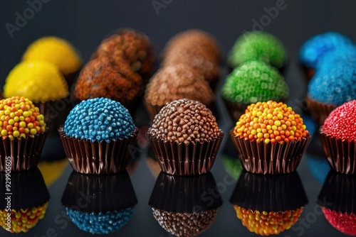 colorful candies on a black reflective surface