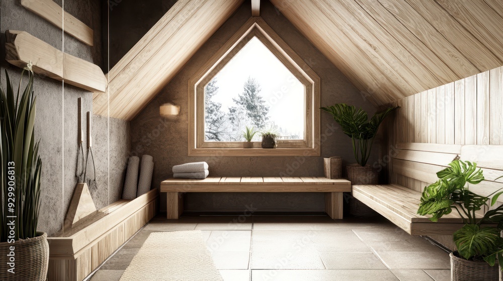 Obraz premium Modern wooden interior with a large window and a bench with a view.
