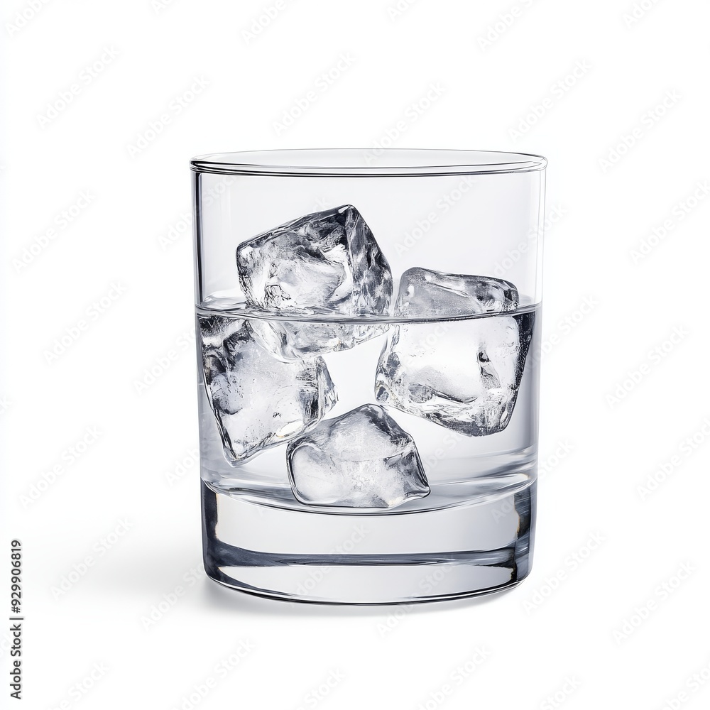 Isolated on a transparent background, a glass of cold water with an ice cube in it Isolated on a transparent background, a glass of cold water with an ice cube in it