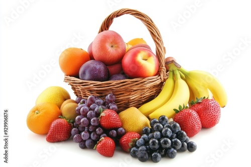 On a transparent background, a basket full of healthy fruits can be seen