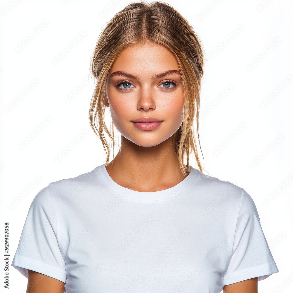 On a transparent background, a smiling young girl in a white t-shirt with long brunette hair is shown wearing a white t-shirt with long brunette hair On a transparent background, a smiling young girl in a white t-shirt with long brunette hair is shown wearing a white t-shirt with long brunette hair