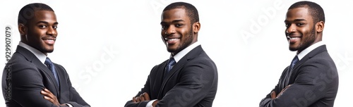 Black businessman with a smile, isolated on transparent background, with a professional headshot in the suit.