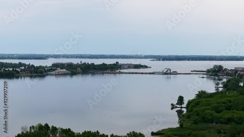 Aerial view of LaSalle Causeway and Royal Military College of Canada with foreground of Great Cataraqui River and background of St. Lawrence River in Kingston Ontario Canada photo