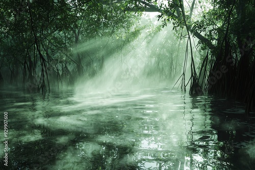 Sunbeams pierce through a lush canopy of trees, illuminating the tranquil waters of a forest stream.