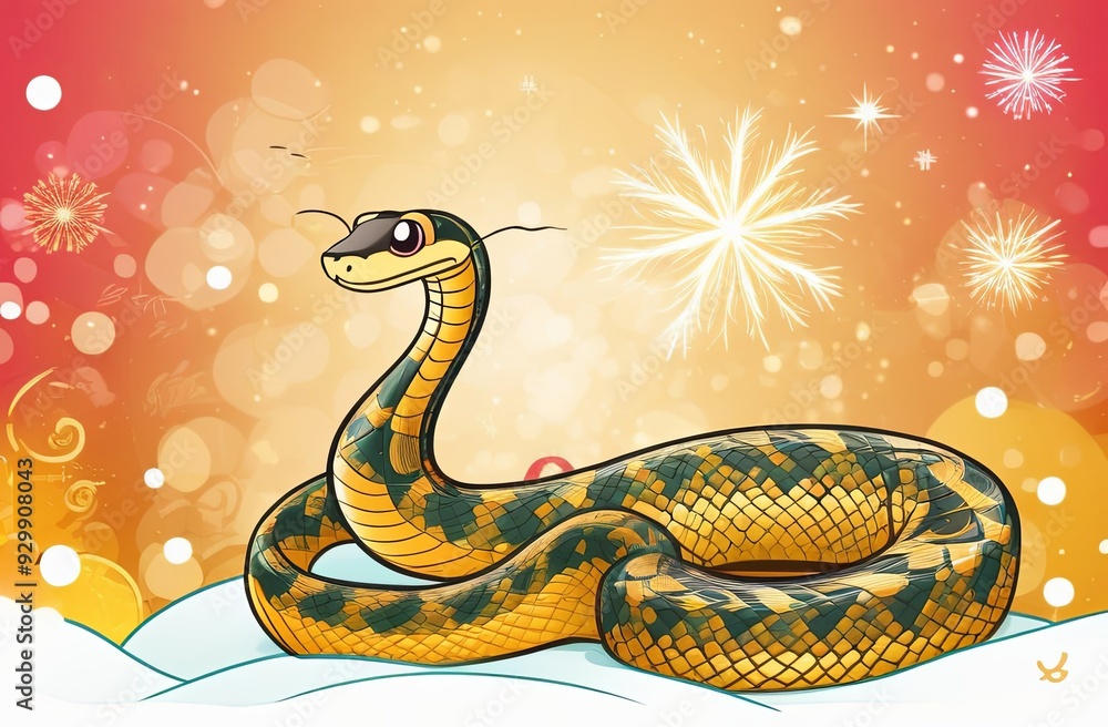 Obraz premium 2025 Year Symbol Card Adorable Snake on Red Background, Christmas and New Year