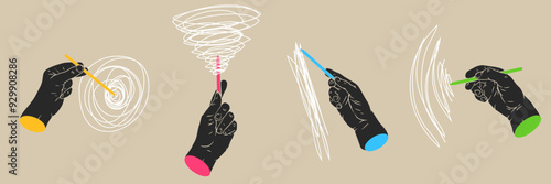 Hands holding pencil or stylus and drawing doodle strokes. Set abstract concept art in colorful style for banner, cover. Modern minimal vector illustration.