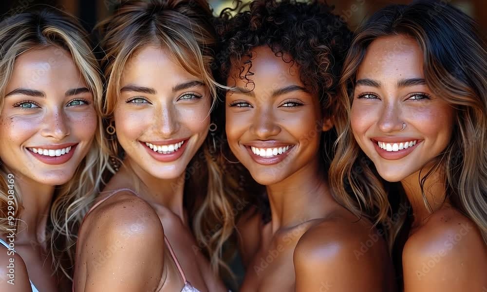 Four friends laugh and smile radiantly, enjoying each other's company under the warm sun in a stunning outdoor landscape Four friends laugh and smile radiantly, enjoying each other's company under the warm sun in a stunning outdoor landscape