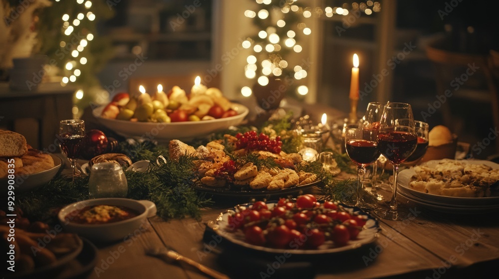 Naklejka premium Festive Holiday Feast with Candlelight and Christmas Decorations