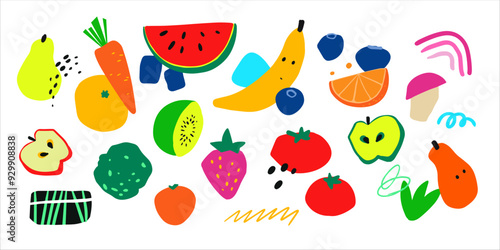 Abstract food flat style set, hand drawn shape, vegetable, fruits, elements for decoration, vector