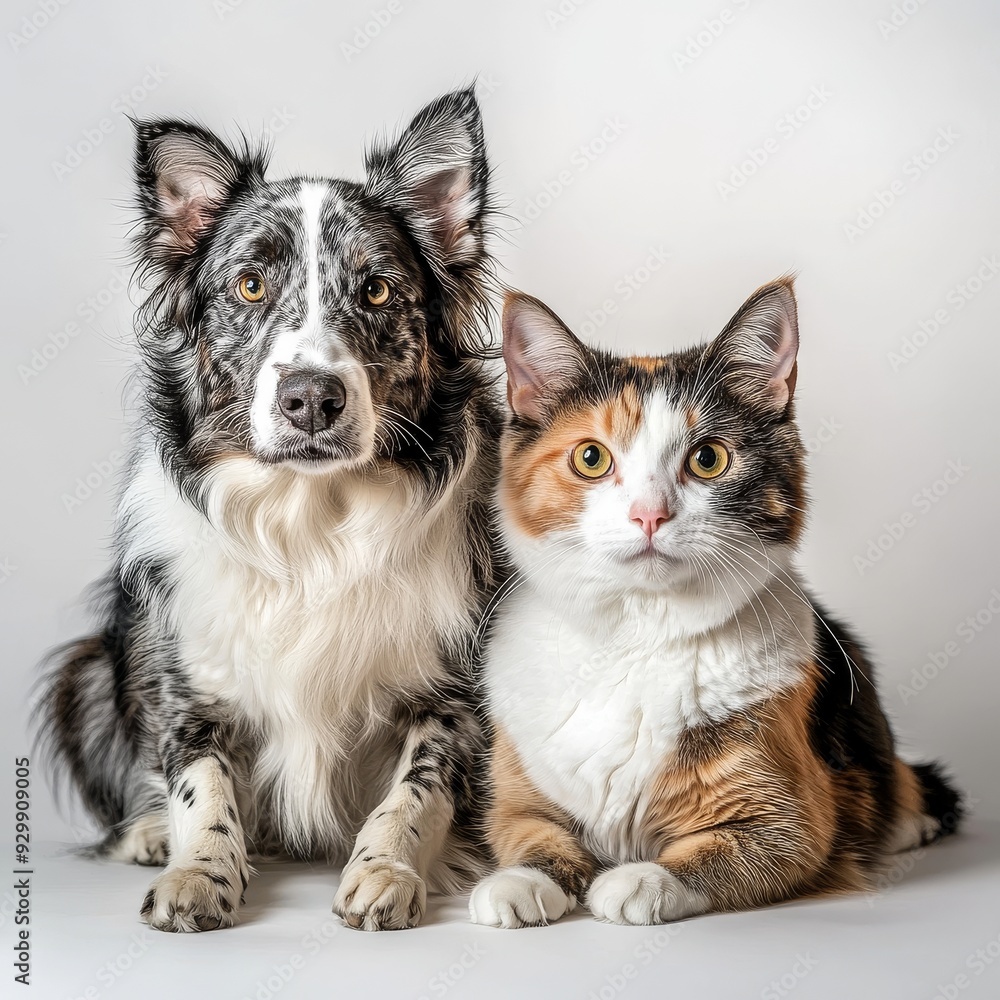 An Australian shepherd puppy and a domestic cat are isolated on a white, transparent background An Australian shepherd puppy and a domestic cat are isolated on a white, transparent background