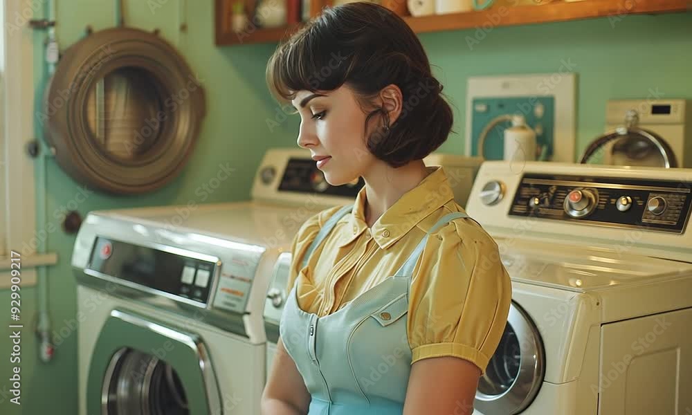 A poised woman in retro attire gracefully engages in her charming kitchen, surrounded by vintage laundry appliances and warm light A poised woman in retro attire gracefully engages in her charming kitchen, surrounded by vintage laundry appliances and warm light