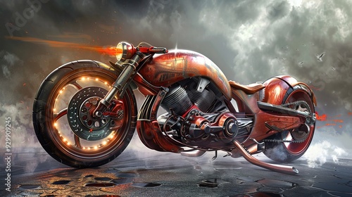 A futuristic motorcycle with a powerful engine and glowing wheels, leaving a trail of smoke and fire. photo