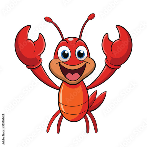 Cartoon happy lobster hands up isolated on white background