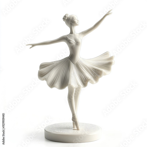 3D porcelain figurine of a ballerina in white, isolated, on a white background. A resource for creativity, a decorative element. Illustration for advertising, print, decoration for presentation.