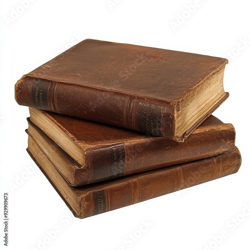 Old books on a shelf with leather covers, png file of isolated cutout on transparent background