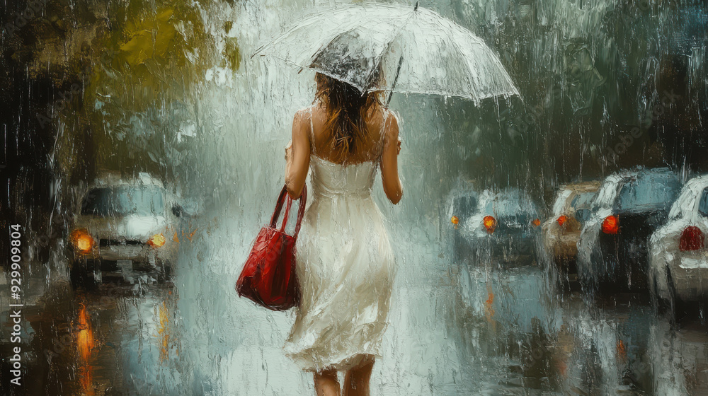 Fototapeta premium Elegant woman in a white dress, holding an umbrella and red handbag, walking in heavy rain, realistic oil painting effect, wet street scene, blurry background