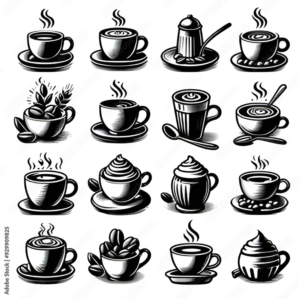 Fototapeta premium Coffee and tea cup logo Silhouette line art vector illustration on a white background. Coffee and tea set