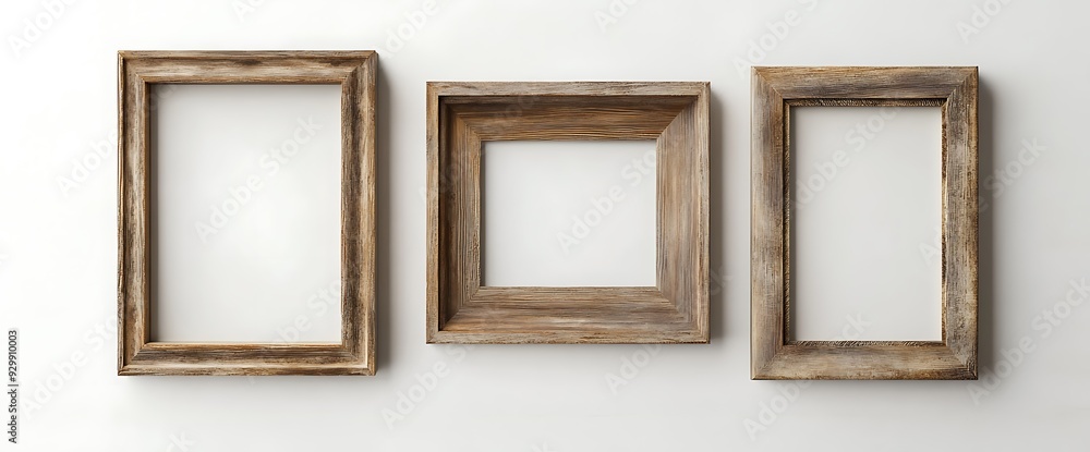 Three empty rustic wooden picture frames, arranged horizontally against a white background. Three empty rustic wooden picture frames, arranged horizontally against a white background.