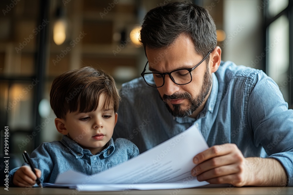A man and a boy are sitting at a table looking at a piece of paper A man and a boy are sitting at a table looking at a piece of paper