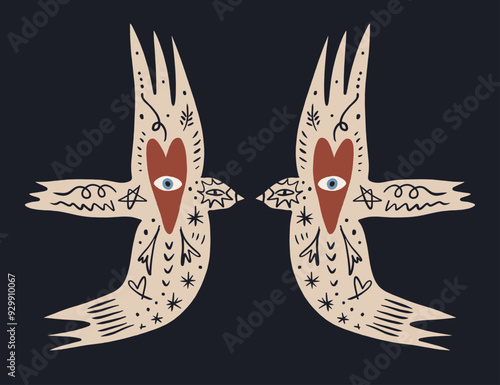 Dove of Peace bird with pattern, boho naive funky hand-drawn Scandinavian style bohemian art, dove or pigeon ornate image with flowers and botanical elements, hippie festival vibe or Earth Day holiday