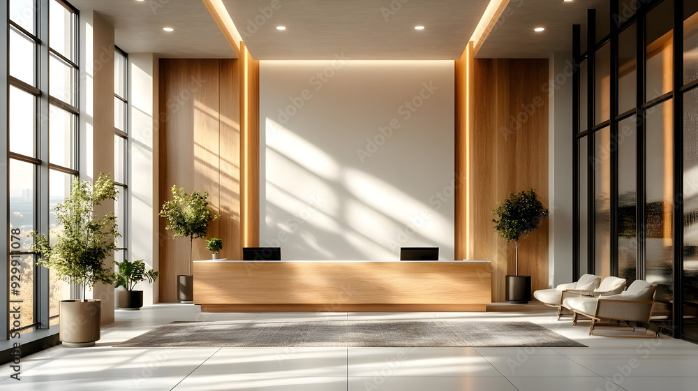 Fototapeta premium Modern reception area with wooden accents and large windows.
