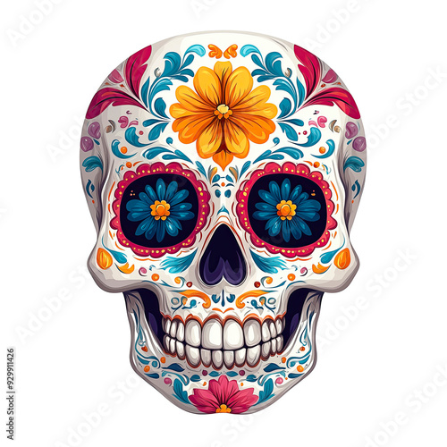 Colorful sugar skull adorned with flowers and ornate details againt white or transparent background, PNG format