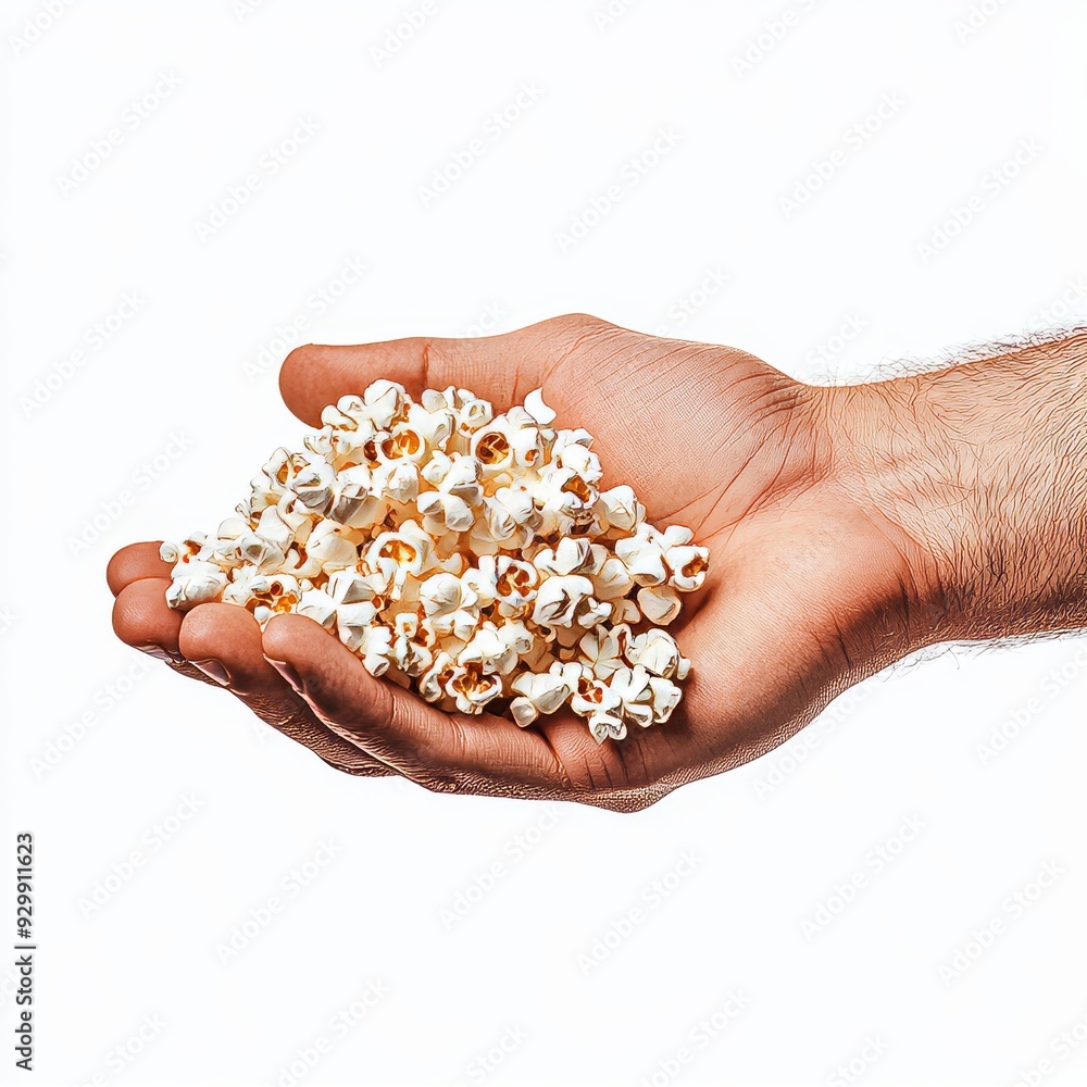 Isolated on transparent background cutout, a male hand holds popcorn Isolated on transparent background cutout, a male hand holds popcorn