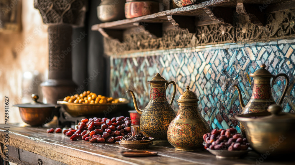 Saudi Arabian kitchen with traditional coffee pots and dates Saudi Arabian kitchen with traditional coffee pots and dates