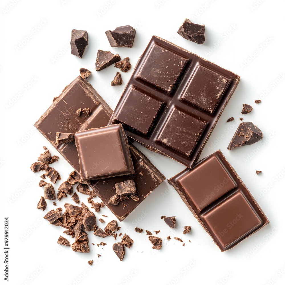 Isolated broken chocolate bar with chocolate powder Isolated broken chocolate bar with chocolate powder