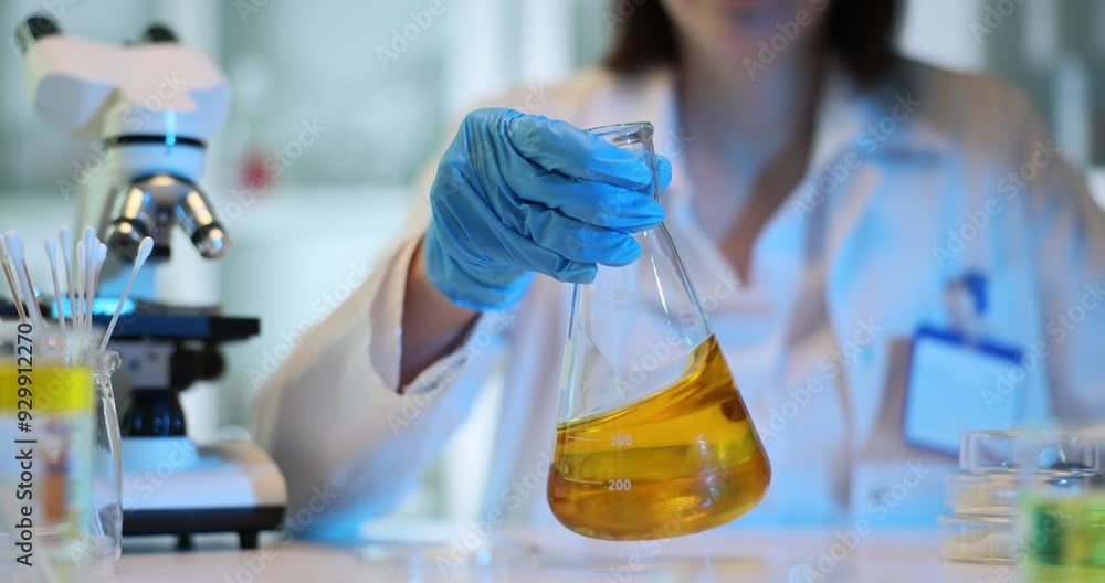 Scientist holding flask with yellow liquid in the laboratory Scientist holding flask with yellow liquid in the laboratory