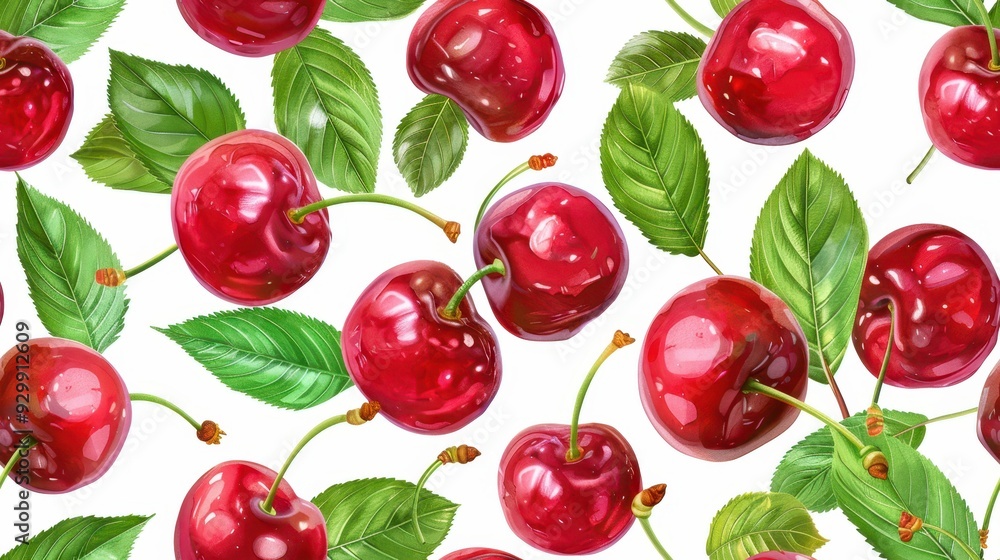 Seamless pattern of glossy cherries on a white background. Vibrant and fresh fruit design with a realistic texture. Seamless pattern of glossy cherries on a white background. Vibrant and fresh fruit design with a realistic texture.