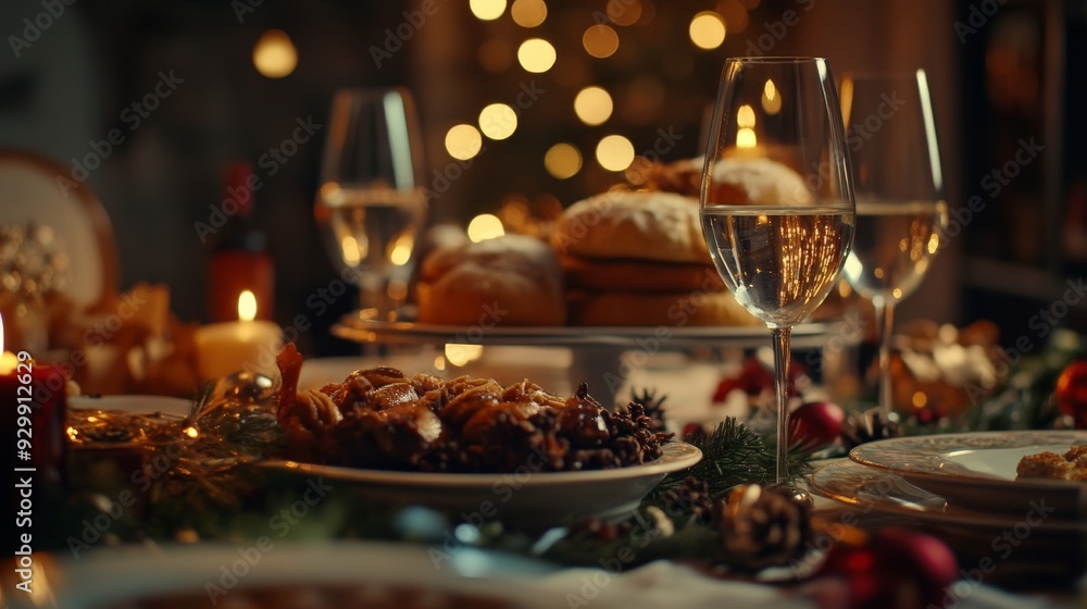 Festive Holiday Dinner Table with Christmas Decorations