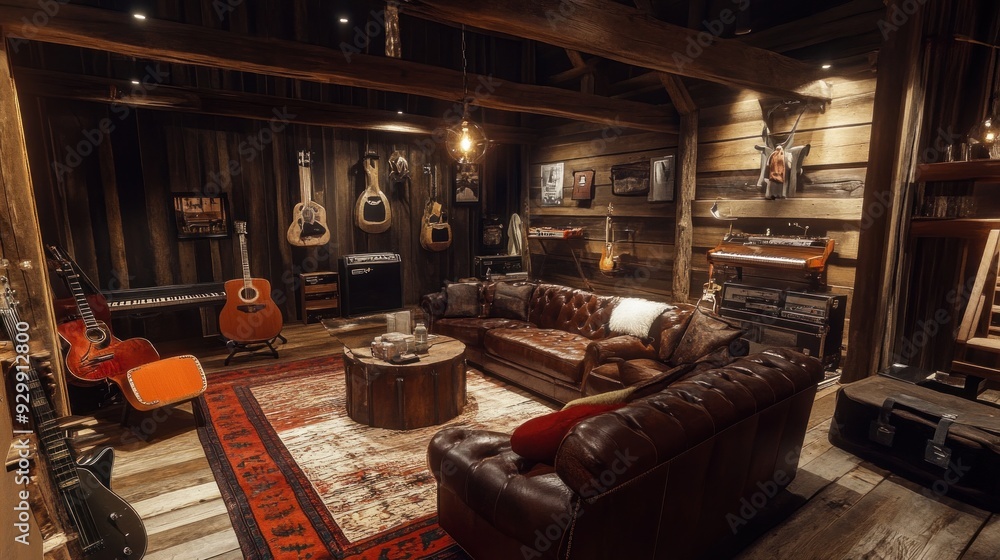 Rustic living room with leather couches, wooden beams, and guitars. Rustic living room with leather couches, wooden beams, and guitars.