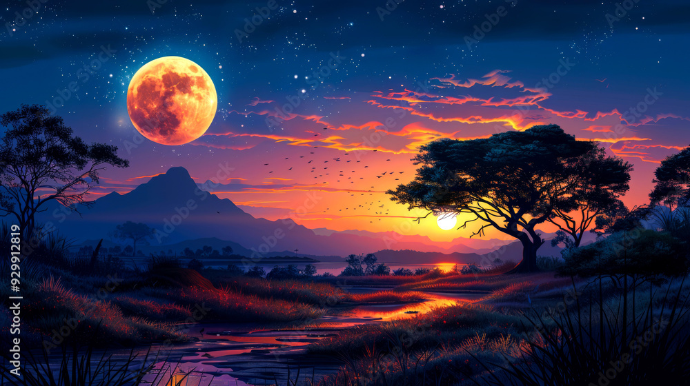 Night Sky with a Full Moon, Sunset, Mountains, and Birds Flying Night Sky with a Full Moon, Sunset, Mountains, and Birds Flying