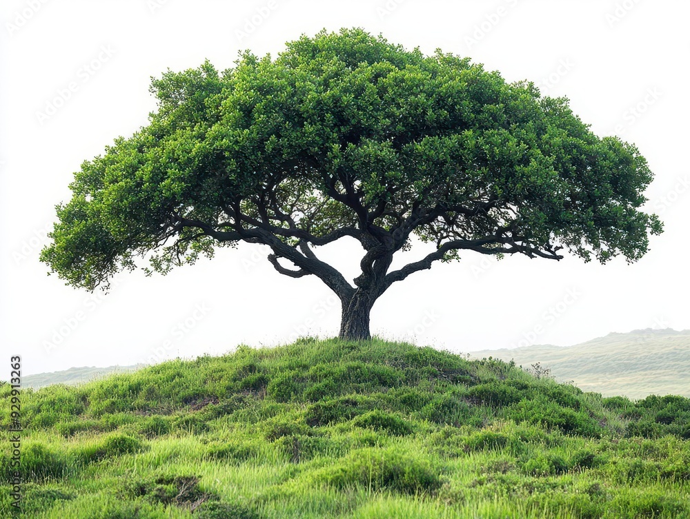 majestic lone tree with lush green foliage and sturdy trunk isolated against a pure white background symbolizing growth strength and natural beauty in a clean versatile composition majestic lone tree with lush green foliage and sturdy trunk isolated against a pure white background symbolizing growth strength and natural beauty in a clean versatile composition