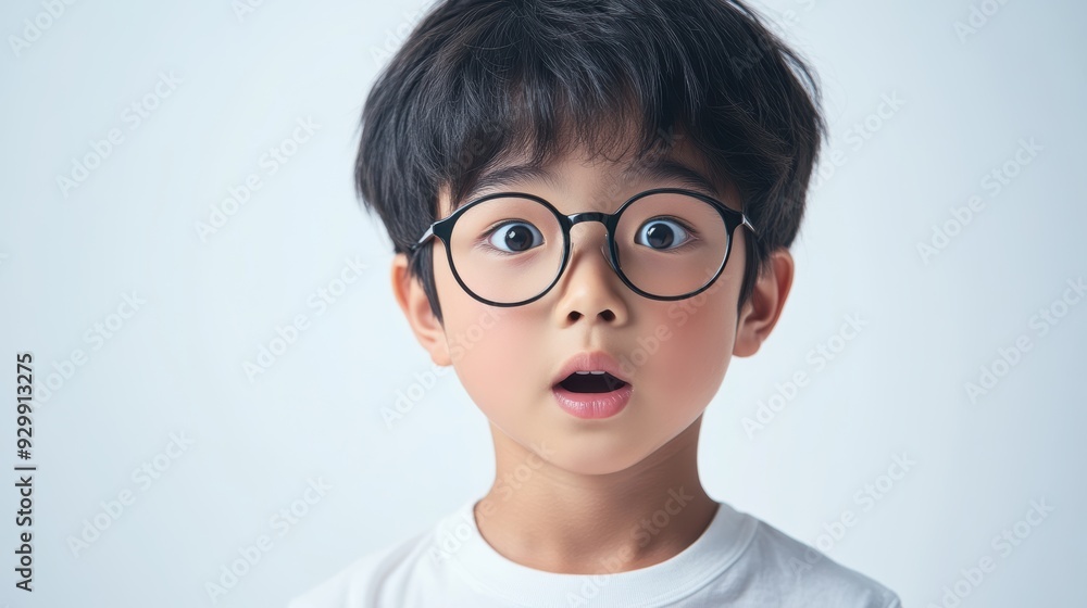 Young asian boy with round glasses and dark hair, looking curiously at the camera against a light background. Young asian boy with round glasses and dark hair, looking curiously at the camera against a light background.