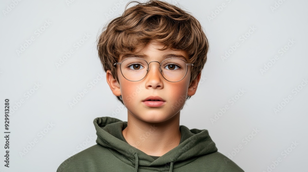 Young boy with wavy brown hair and glasses, wearing a green hoodie, gazing intently at the camera. Young boy with wavy brown hair and glasses, wearing a green hoodie, gazing intently at the camera.