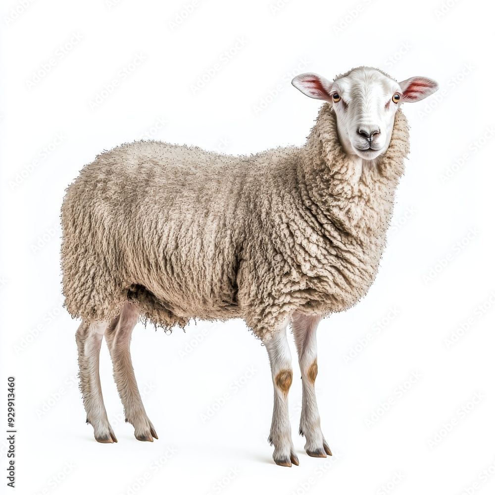 Fototapeta premium Isolated on white background, a portrait of a sheep in full body size
