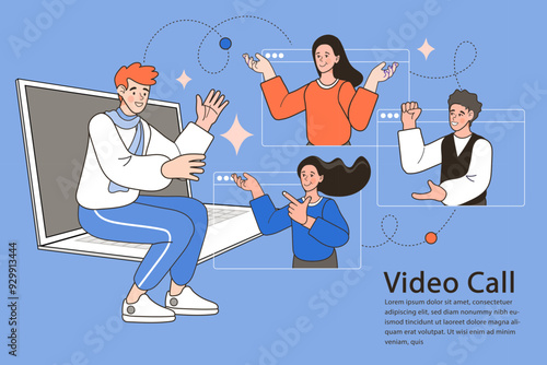 Video call for an online team meeting and remote work collaboration. A host on a laptop communicates with colleagues in a virtual conference. Vector illustration for business communication , webinars.