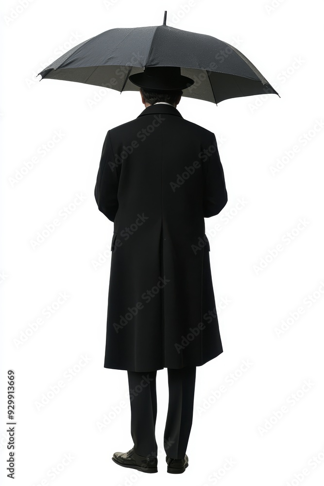 An umbrella-holding man is isolated on a transparent background while he holds an umbrella in a black suit. An umbrella-holding man is isolated on a transparent background while he holds an umbrella in a black suit.